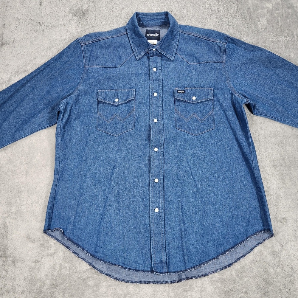Wrangler Shirt Mens XL Blue Denim Western Pearl Snap Long Sleeve Cowboy Workwear - Picture 2 of 13